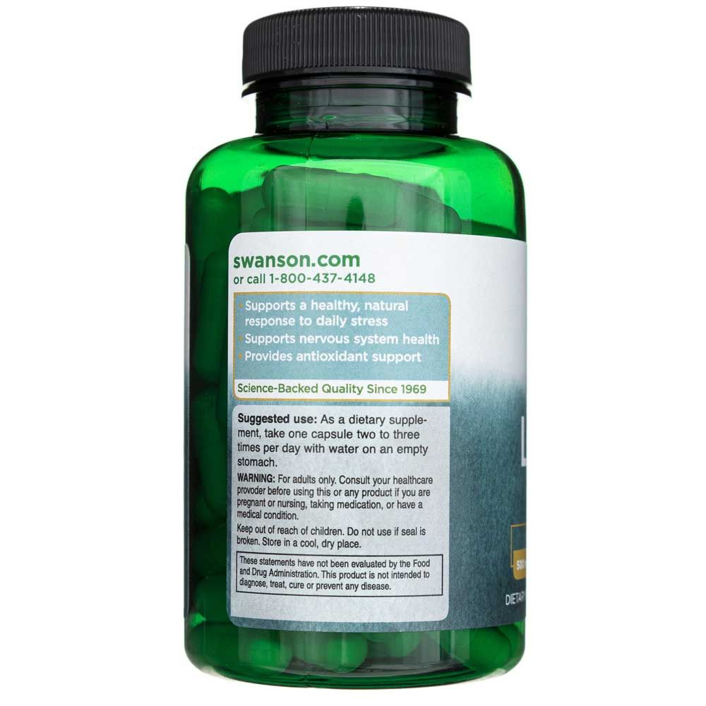 Arrière d'une bouteille verte de capsules de L-Lysine, avec instructions d'utilisation et avertissements.