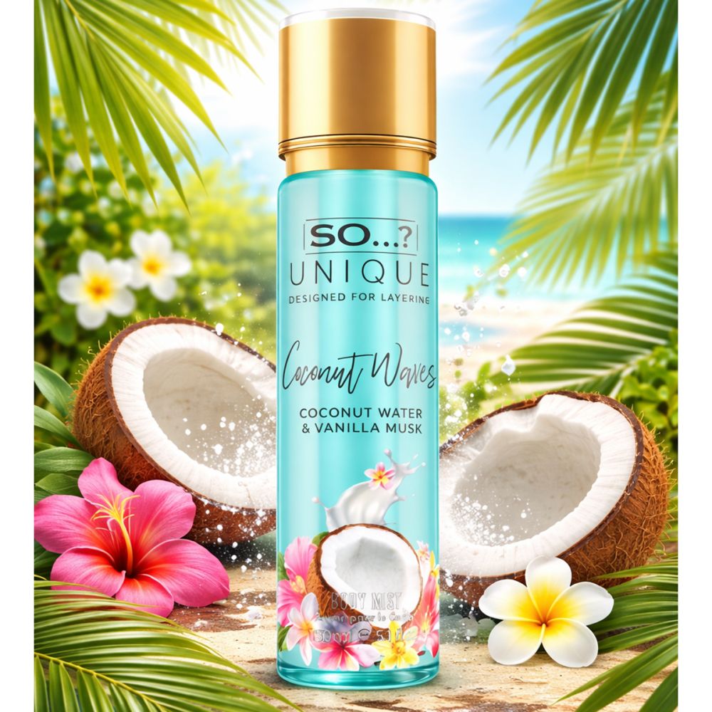 Flacon vaporisateur turquoise et doré. Inscription: So Unique, Coconut Waves. Décoration noix de coco et fleurs.