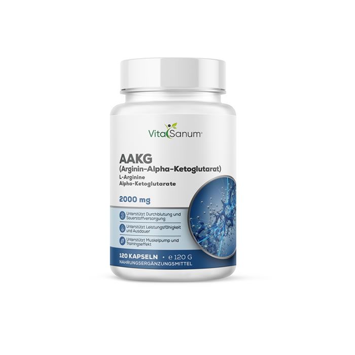 VitaSanum AAKG capsulefles met 120 capsules, 2000 mg per portie. Bevat L-Arginine-Alpha-Ketoglutaraat.