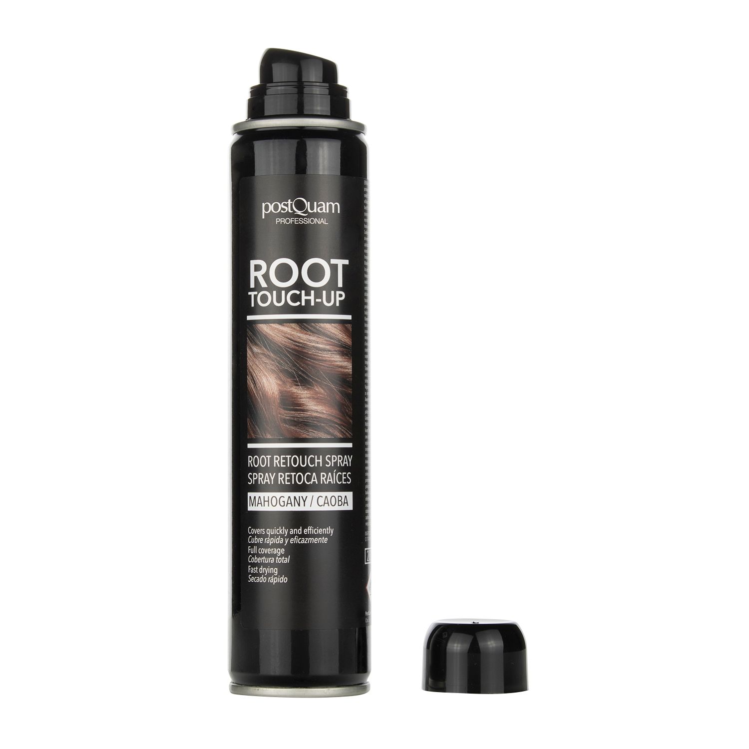 Flacon spray noir "Postquam Root Touch-Up Mahagoni" avec bouchon retiré. Étiquette avec nom et couleur.