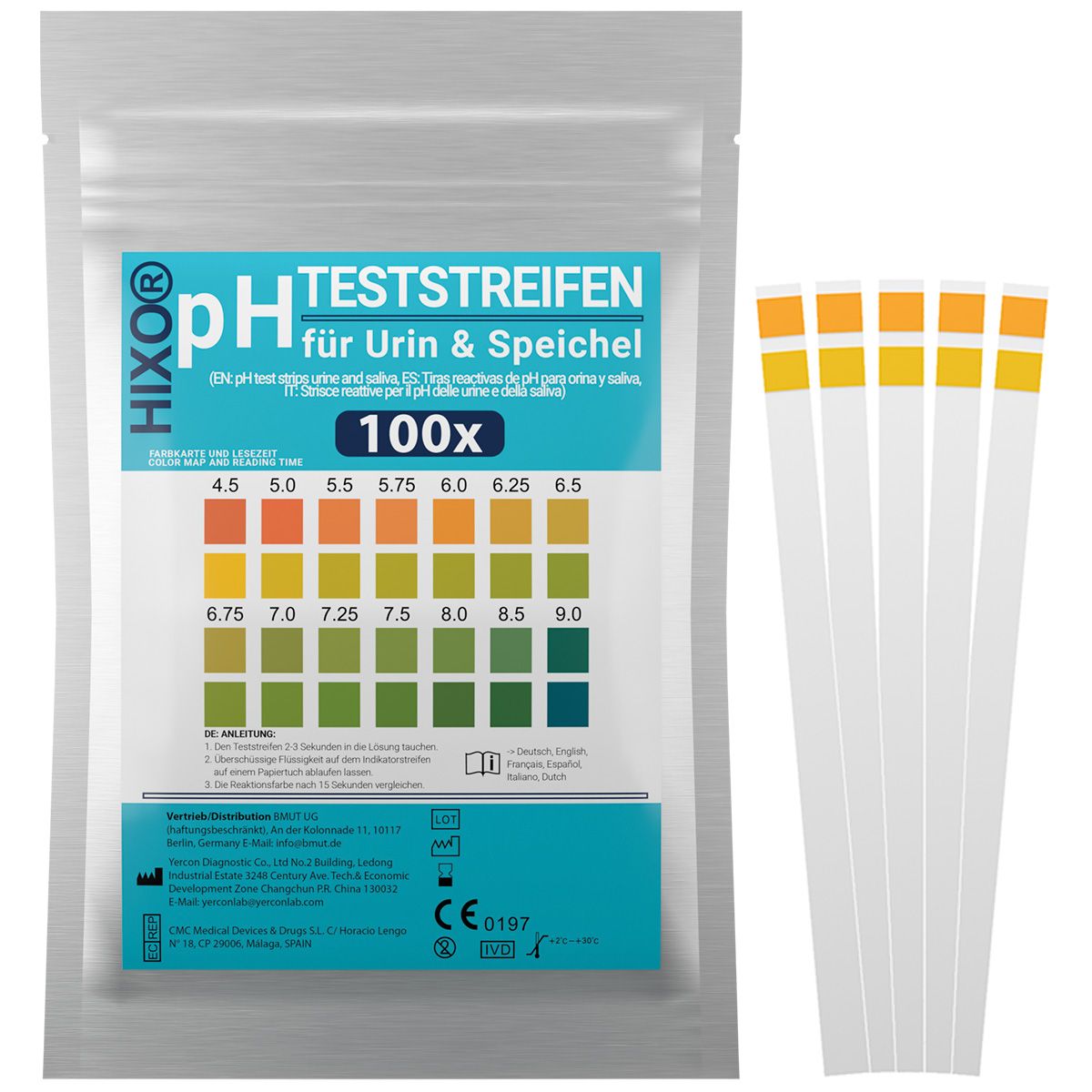 Verpakking pH-teststrips voor urine & speeksel. Bevat 100 strips. Kleurenschaal voor pH-waarde bepaling. Strips met gekleurde reactievelden.