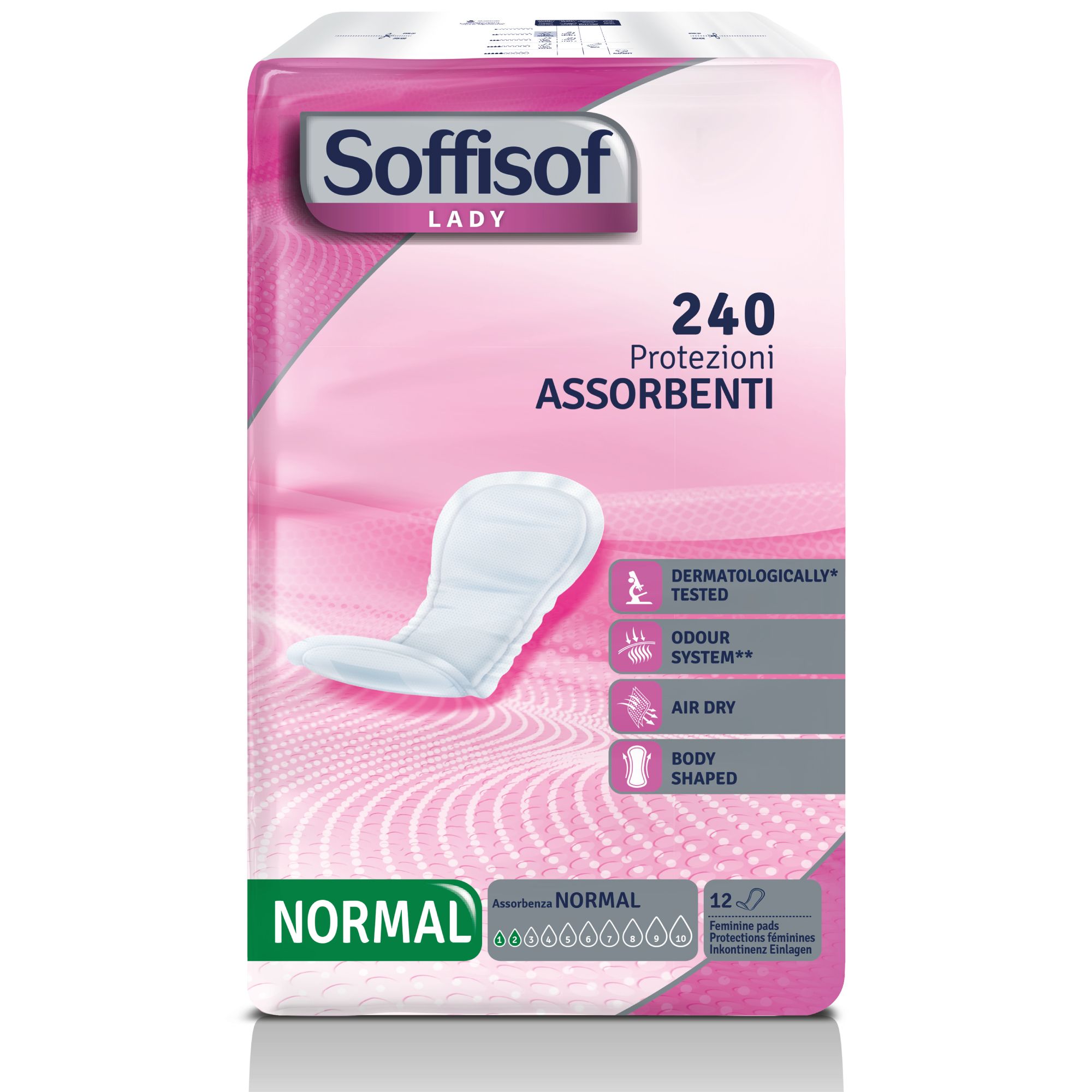 Paquet de Soffisof Lady Normal. 240 protections absorbantes. Testé dermatologiquement. Système anti-odeurs. Air Dry. Forme anatomique.