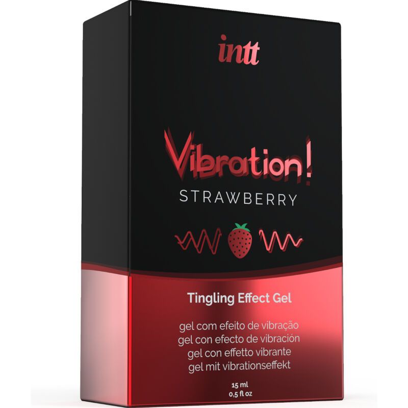 Zwarte verpakking met rode en witte tekst. Opschrift: INTT Vibration! Strawberry Tingling Effect Gel.