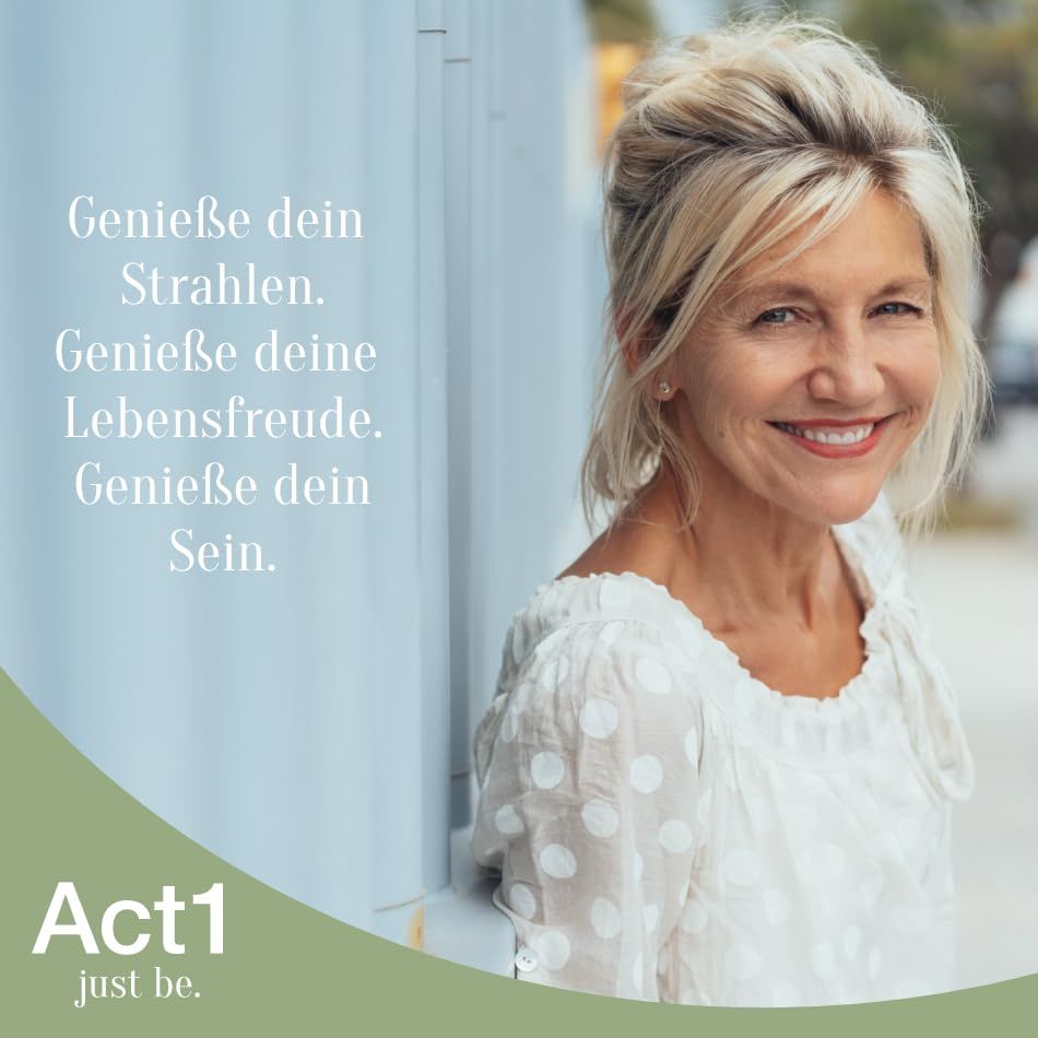 Vrouw lacht. Tekst: Geniet van je uitstraling, levensvreugde, zijn. Act1 logo.