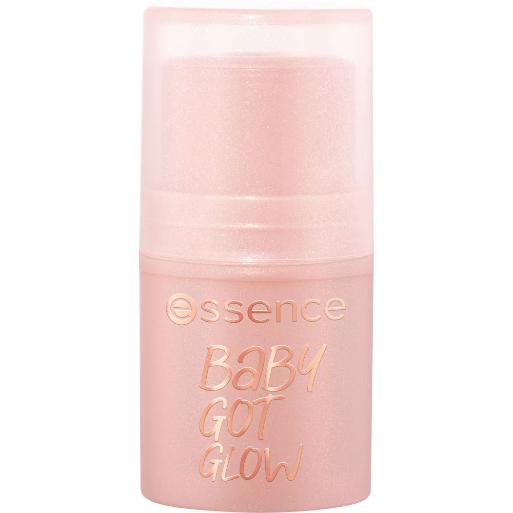 Stick highlighter rose avec capuchon transparent. Inscription: essence Baby Got Glow.