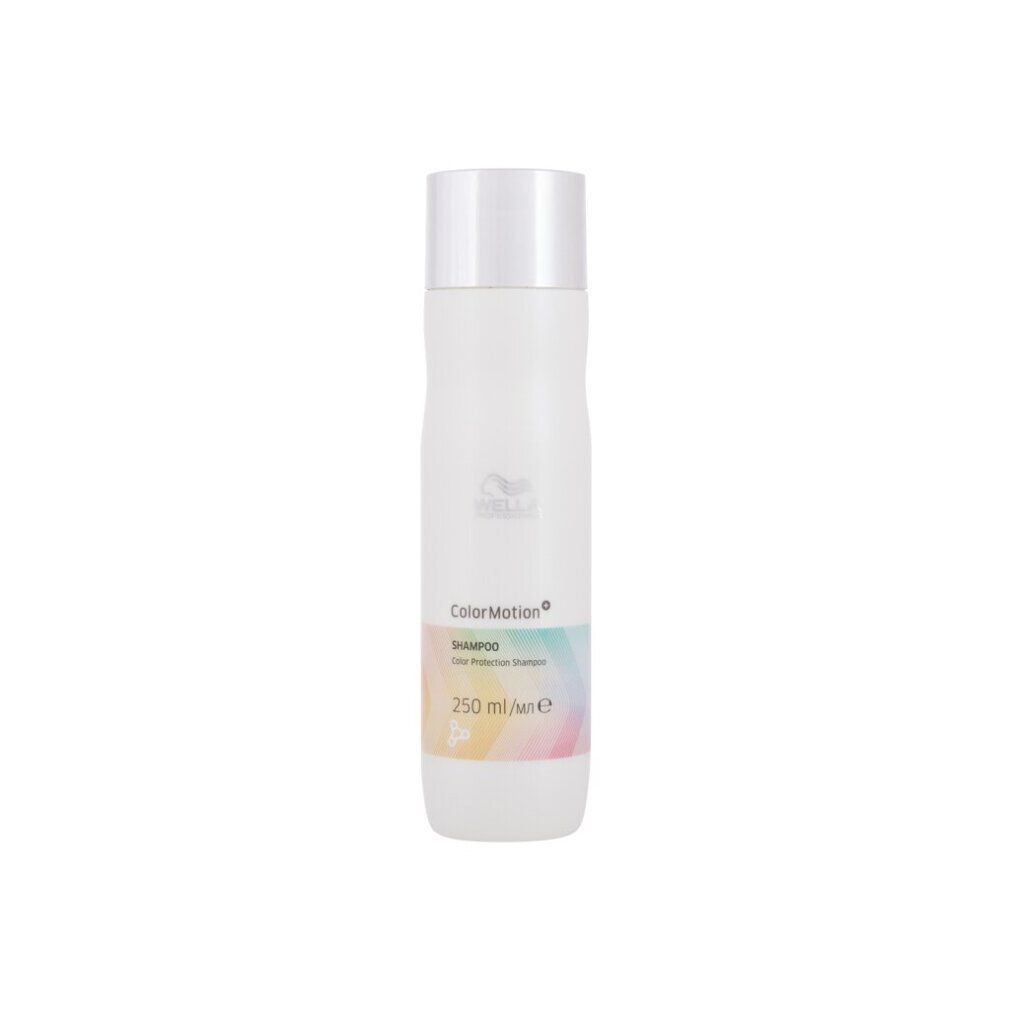 Slanke, witte shampoo fles met zilveren dop. Opschrift: Wella Color Motion+ Shampoo, 250 ml.
