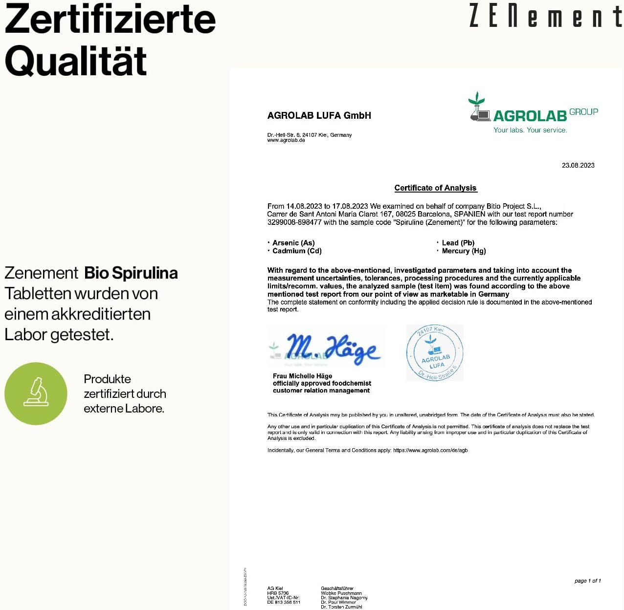 Document de certification d'Agrolab LUFA GmbH. Texte : Les comprimés de spiruline bio Zenement ont été testés par un laboratoire accrédité.