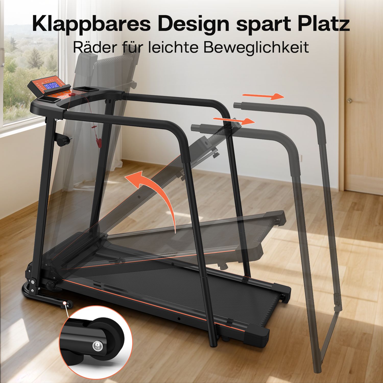 Zwarte loopband met leuningen. Opvouwbaar ontwerp. Tekst: Opvouwbaar ontwerp bespaart ruimte, wielen voor gemakkelijke mobiliteit.