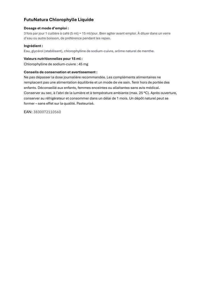 Page de texte avec informations sur FutuNatura Chlorophylle Liquide. Dosage, ingrédients, avertissements.