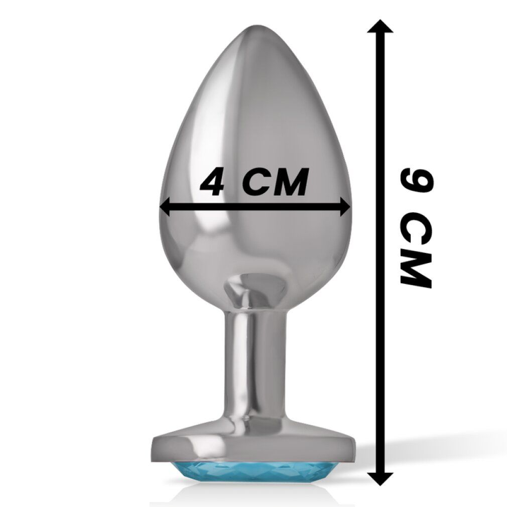 Plug anal argenté avec cristal bleu en forme de cœur et base métallique.