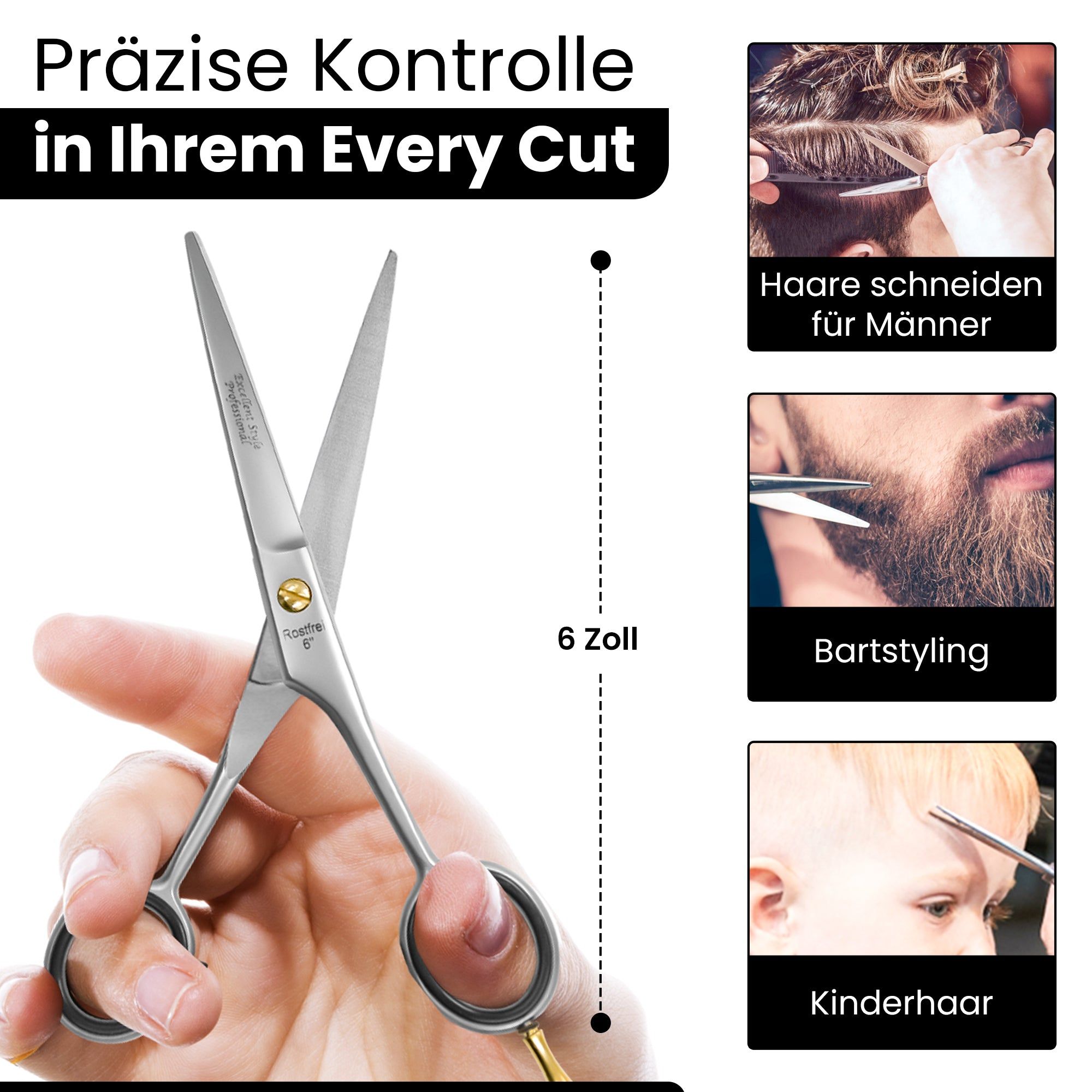 Kappersschaar, 6 inch, in de hand gehouden. Aangrenzende afbeeldingen: haarknippen, baardstyling, kinderknippen. Tekst: "Nauwkeurige controle in uw Every Cut".