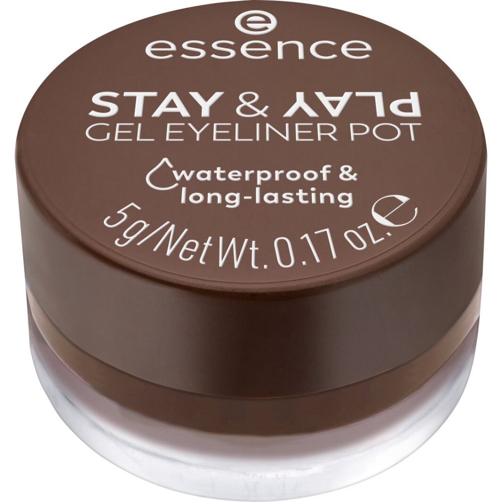 Pot de gel eyeliner marron avec couvercle. Le couvercle porte la mention "essence STAY & PLAY GEL EYELINER POT".