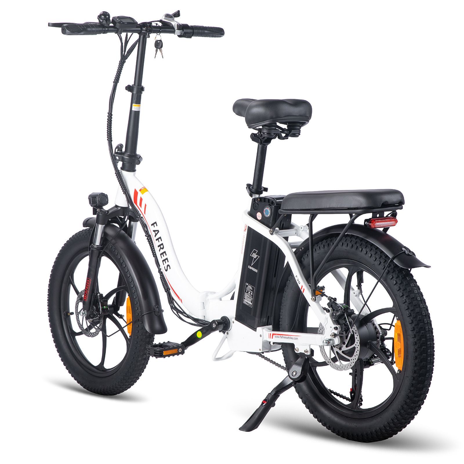 Opvouwbare e-bike FAFREES F20, wit, zwarte banden, rood logo. Schijfremmen, bagagerek, spatborden, oranje reflectoren.