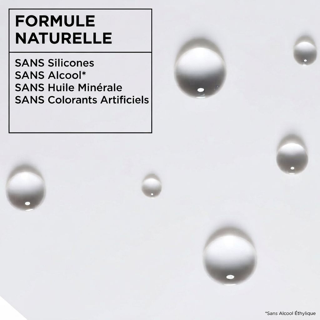 Formule naturelle : Sans silicones, alcool, huile minérale, colorants artificiels. Gouttes d'eau sur fond blanc.