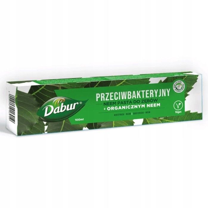 Dabur Biologische Neem Tandpasta, antibacterieel met biologische neem. Groene verpakking met neem bladeren.