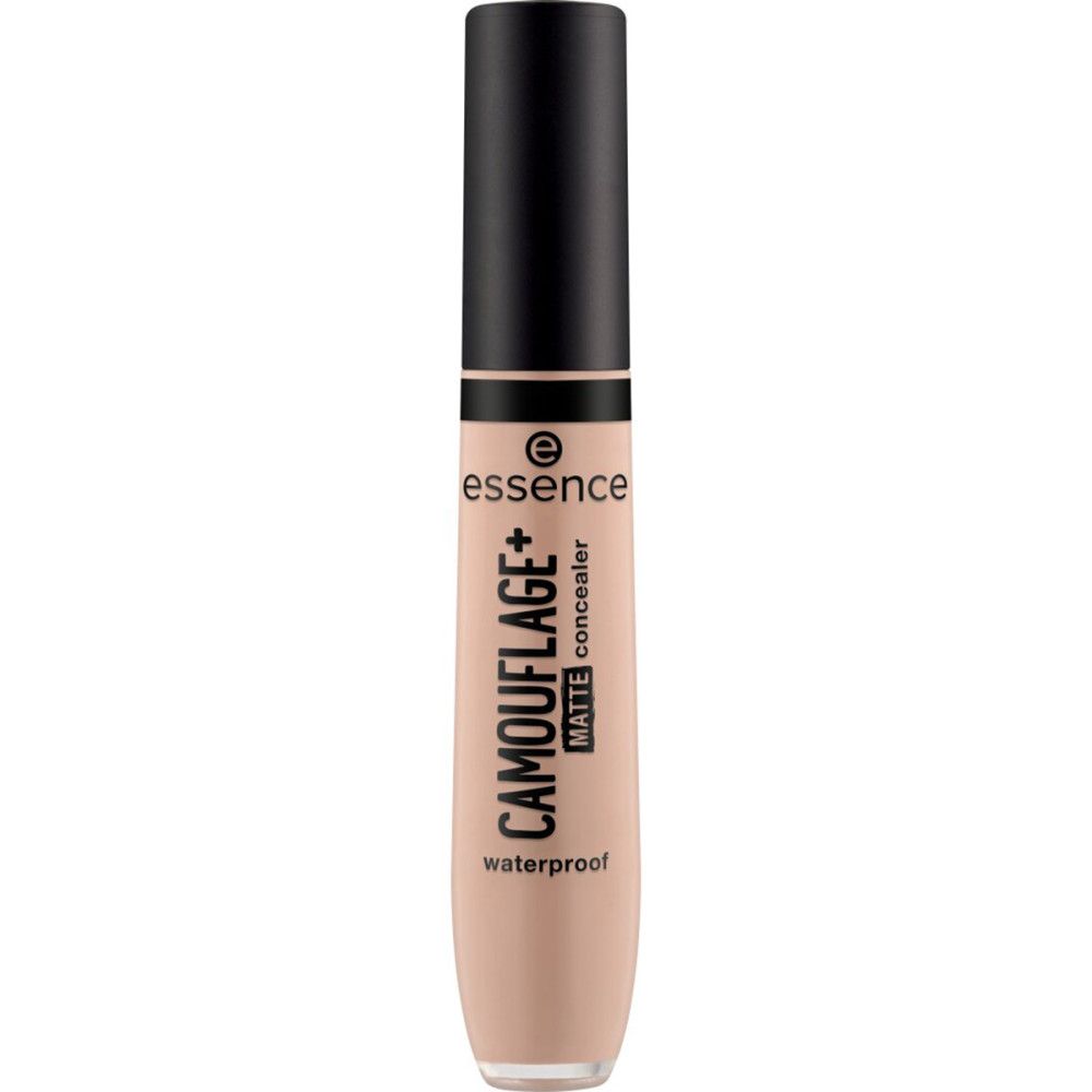 Correcteur mat Essence Camouflage+. Flacon beige, bouchon noir. Texte: waterproof.