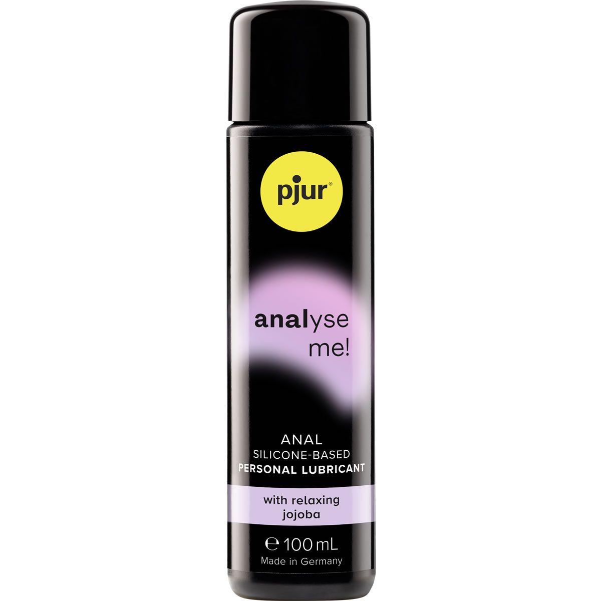 Zwarte fles met geel logo "pjur analyse me!". Productnaam en inhoudsindicatie.