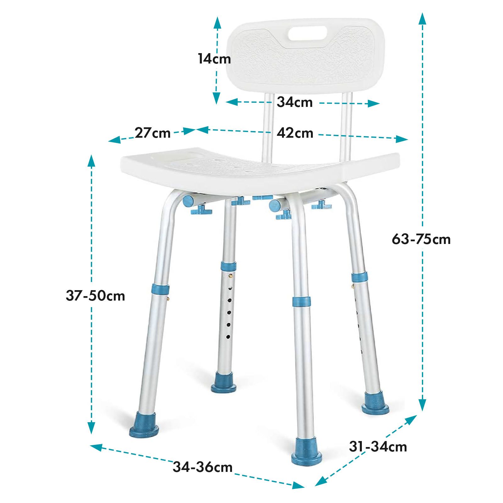 Chaise de douche avec dossier. Dimensions : 14x34x42 cm. Réglable en hauteur. Blanc.