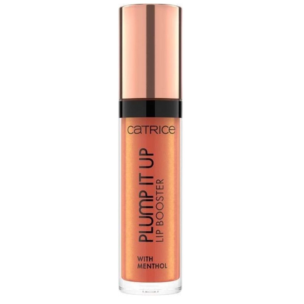 Lipglossflesje. Opschrift: PLUMP IT UP LIP BOOSTER, WITH MENTHOL. Oranje tint. Merk: Catrice.