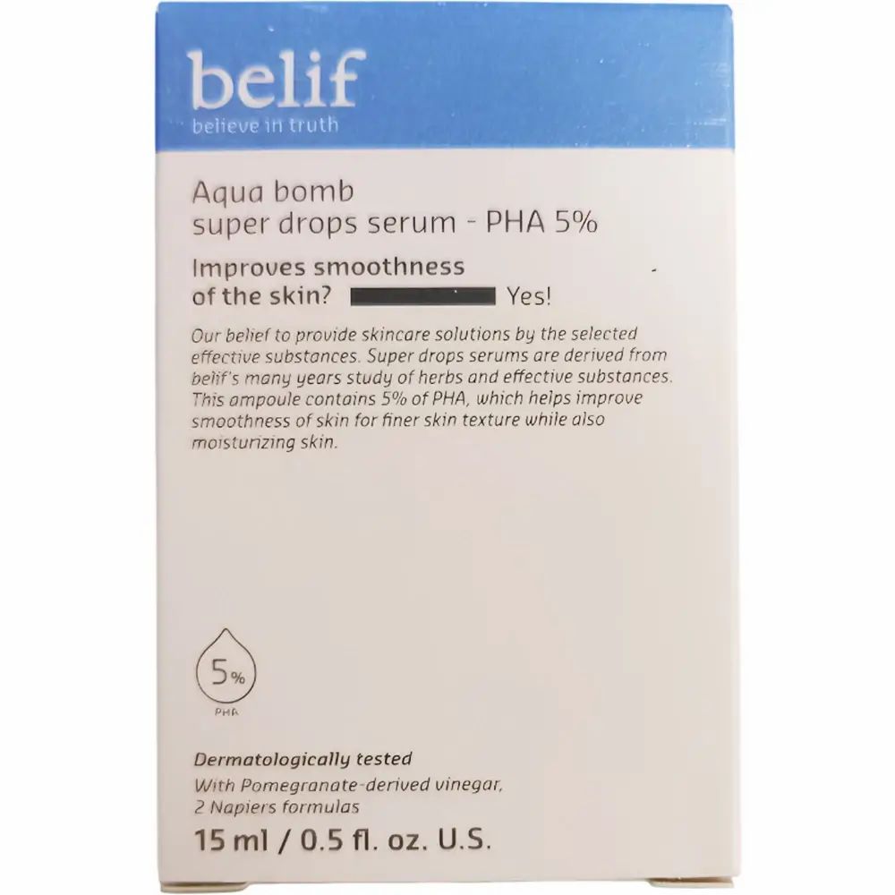 Kartonnen verpakking met opschrift: belif, Aqua bomb super drops serum - PHA 5%. Bevat informatie en ingrediënten.
