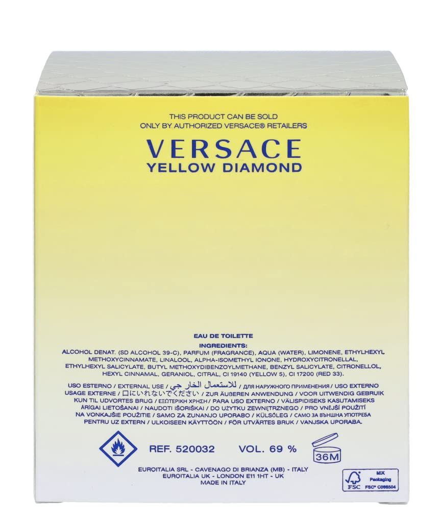 Achterkant van de verpakking van Versace Yellow Diamond. Tekst en logo's op gele achtergrond.