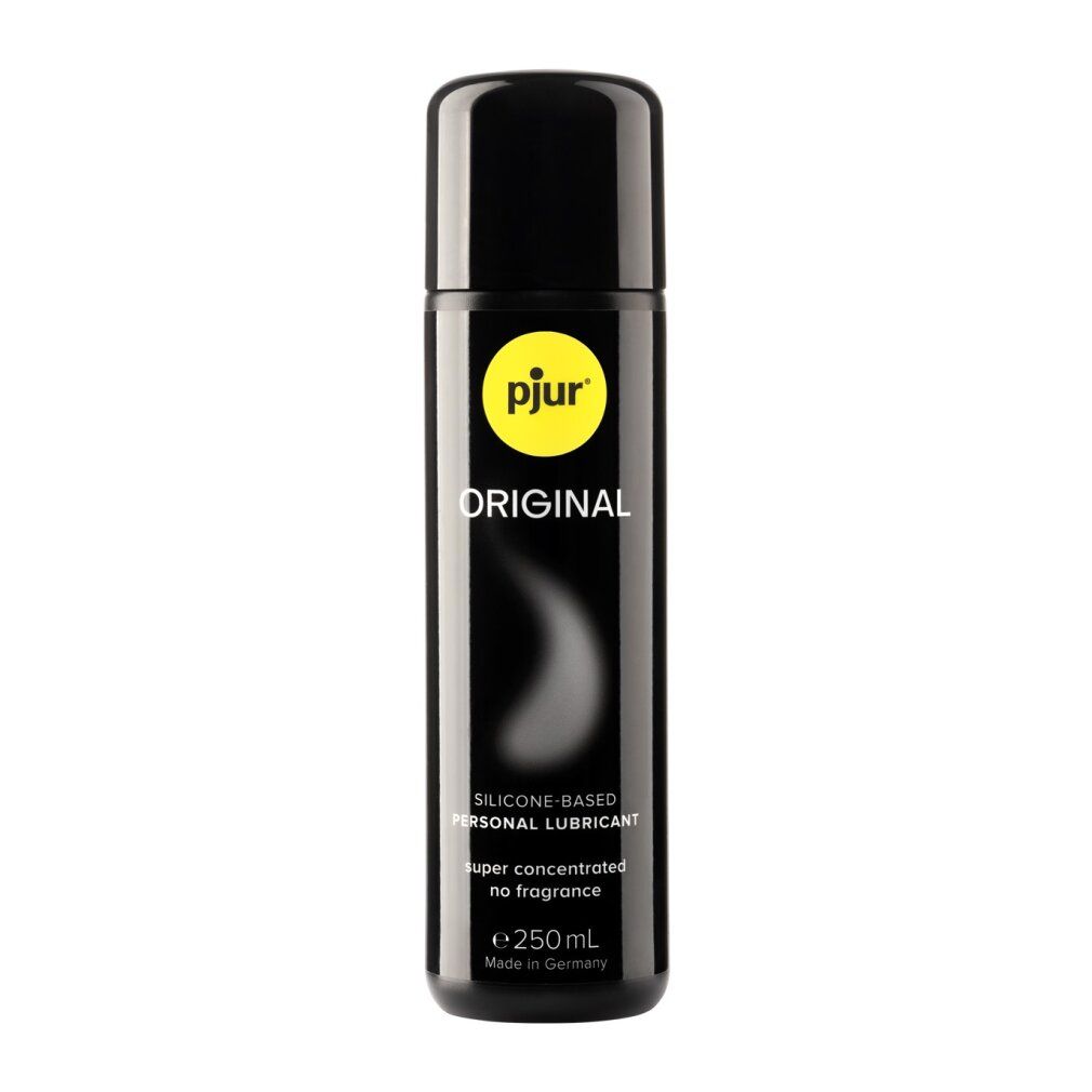 Zwarte fles met geel logo. Opschrift: pjur ORIGINAL, SILICONE-BASED PERSONAL LUBRICANT, super concentrated no fragrance, e 250mL. Gemaakt in Duitsland.