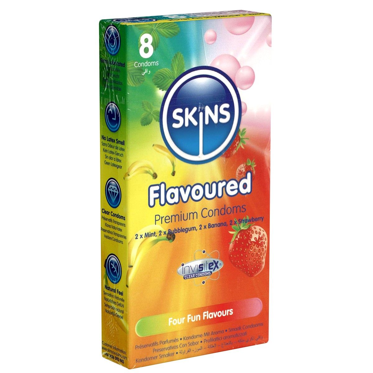 Verpakking SKINS Flavoured condooms. Bevat 8 condooms. Smaakvarianten: mint, bubblegum, banaan en aardbei. Kleurrijke verpakking.