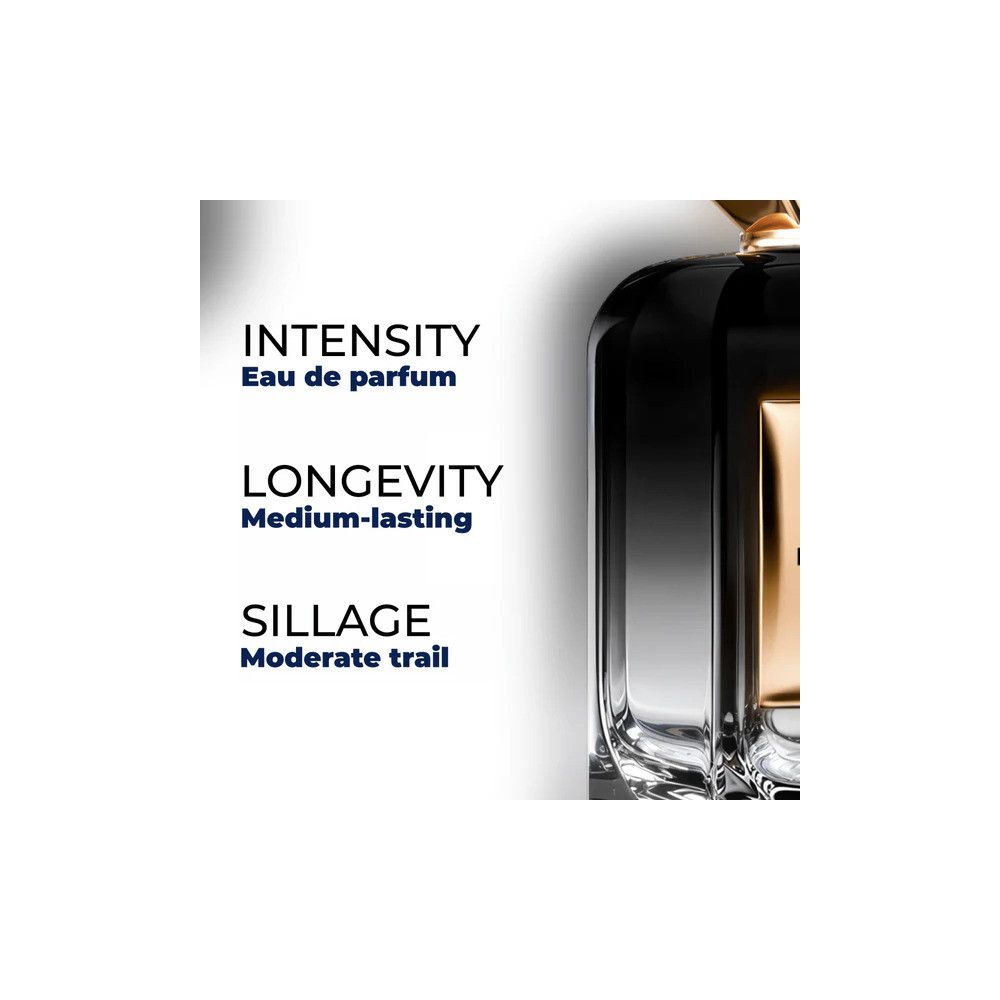 Flacon de parfum noir élégant avec des accents dorés. Texte : Intensité, Longévité, Sillage.