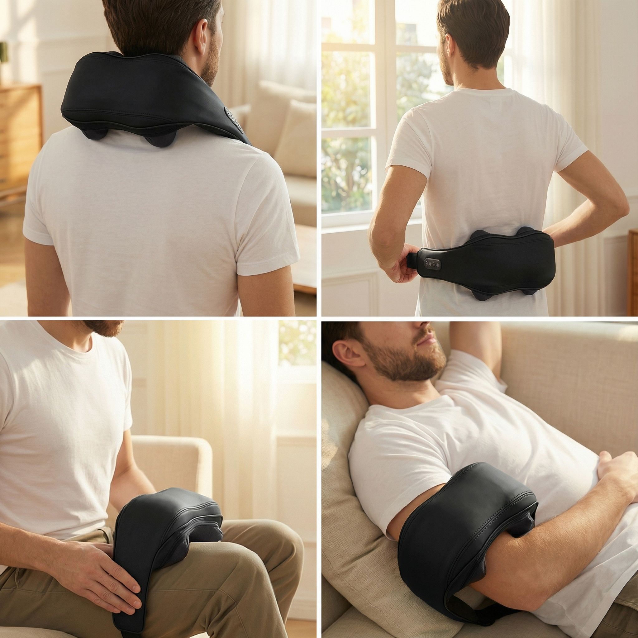 Vier afbeeldingen: man met nekmassager op nek, rug, arm en been.