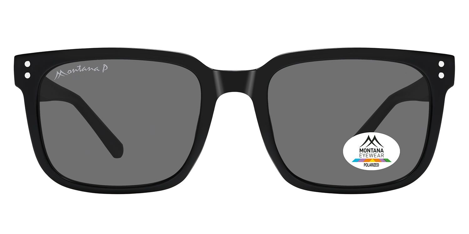 Lunettes de soleil noires à verres rectangulaires. Logo Montana Eyewear sur le verre. Verres polarisés.