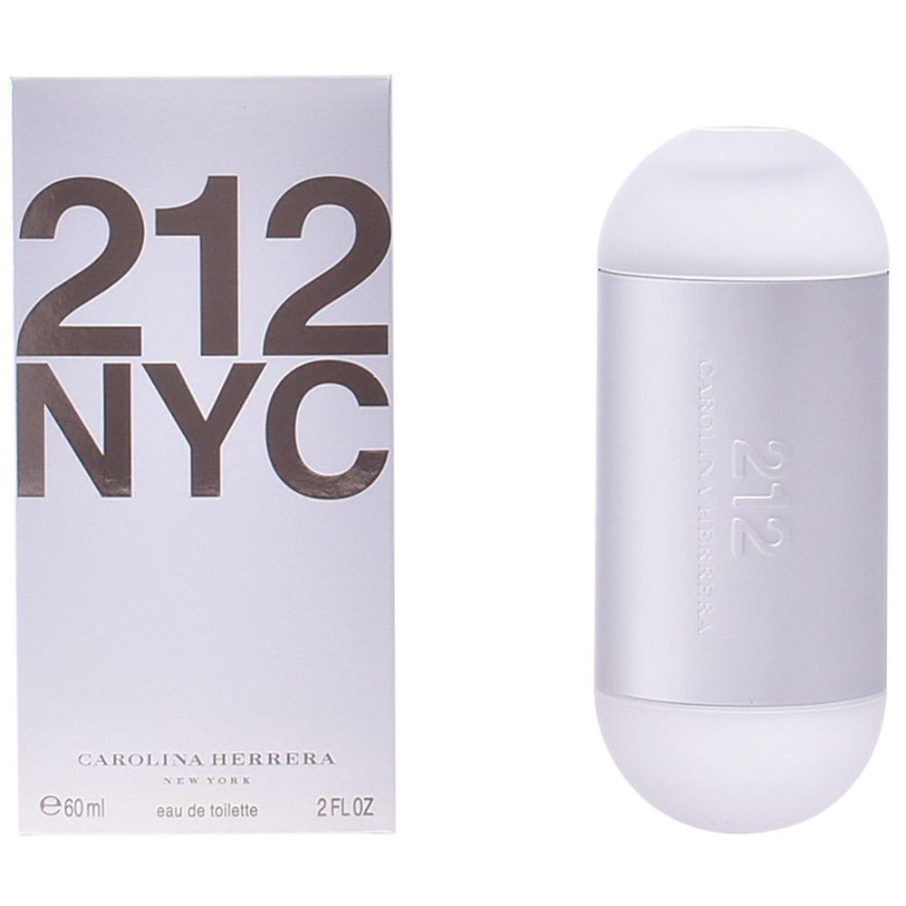 Boîte rectangulaire et flacon cylindrique. "212 NYC" est écrit sur la boîte. Le flacon a un centre argenté et des extrémités blanches.