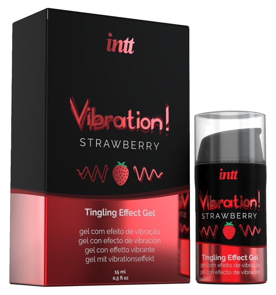 Productverpakking en fles. Productnaam: Vibration! Strawberry Tingling Effect Gel. Merk: INTT. Zwarte verpakking en fles.