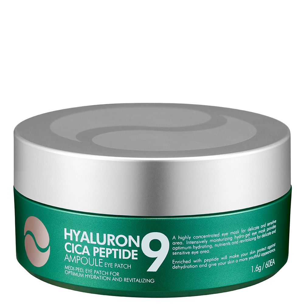Contenant vert avec Hyaluron Cica Peptide Ampoule Eye Patch et le chiffre 9.