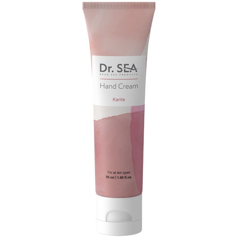 Handcrèmetube, roze-wit. Opschrift: Dr. SEA, Hand Cream, Karité. Voor alle huidtypen.