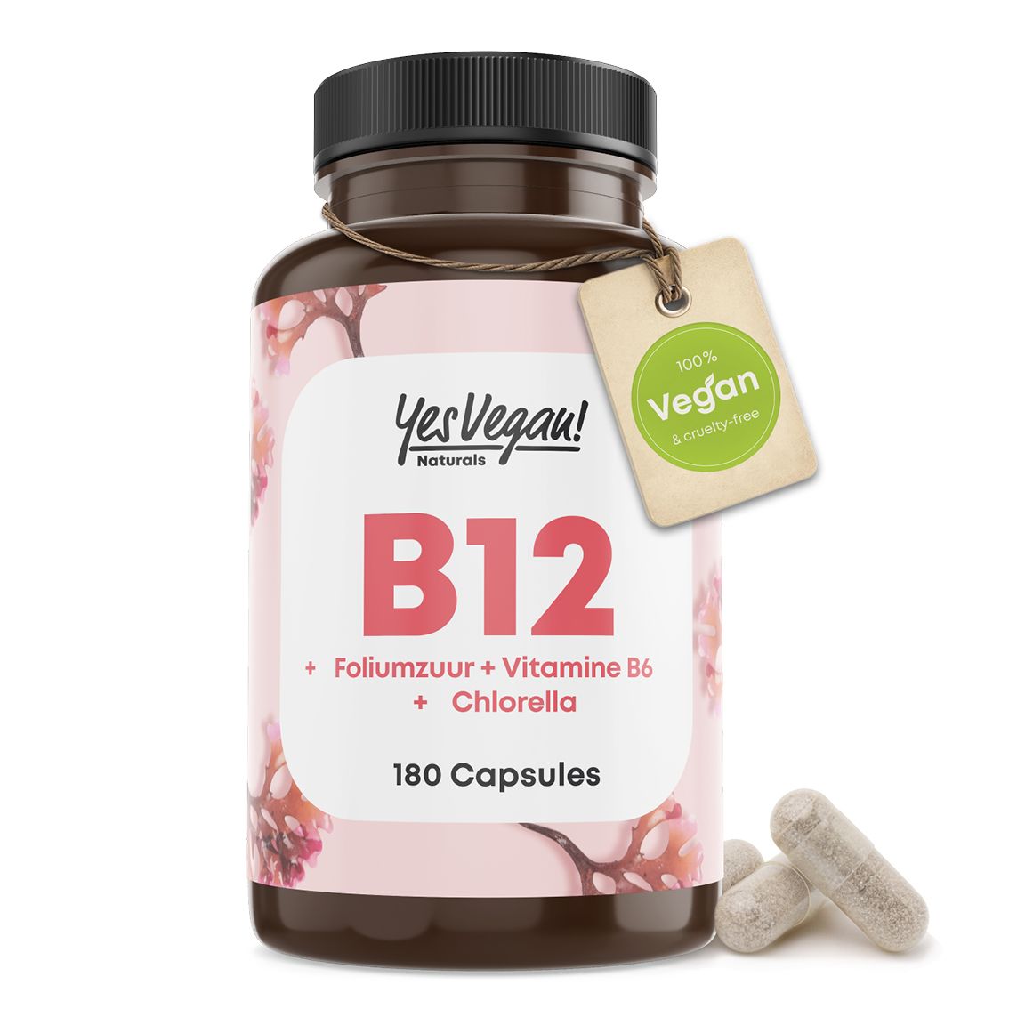 Fles met 180 capsules B12, folaat, vitamine B6, chlorella en Vegan-keurmerk.