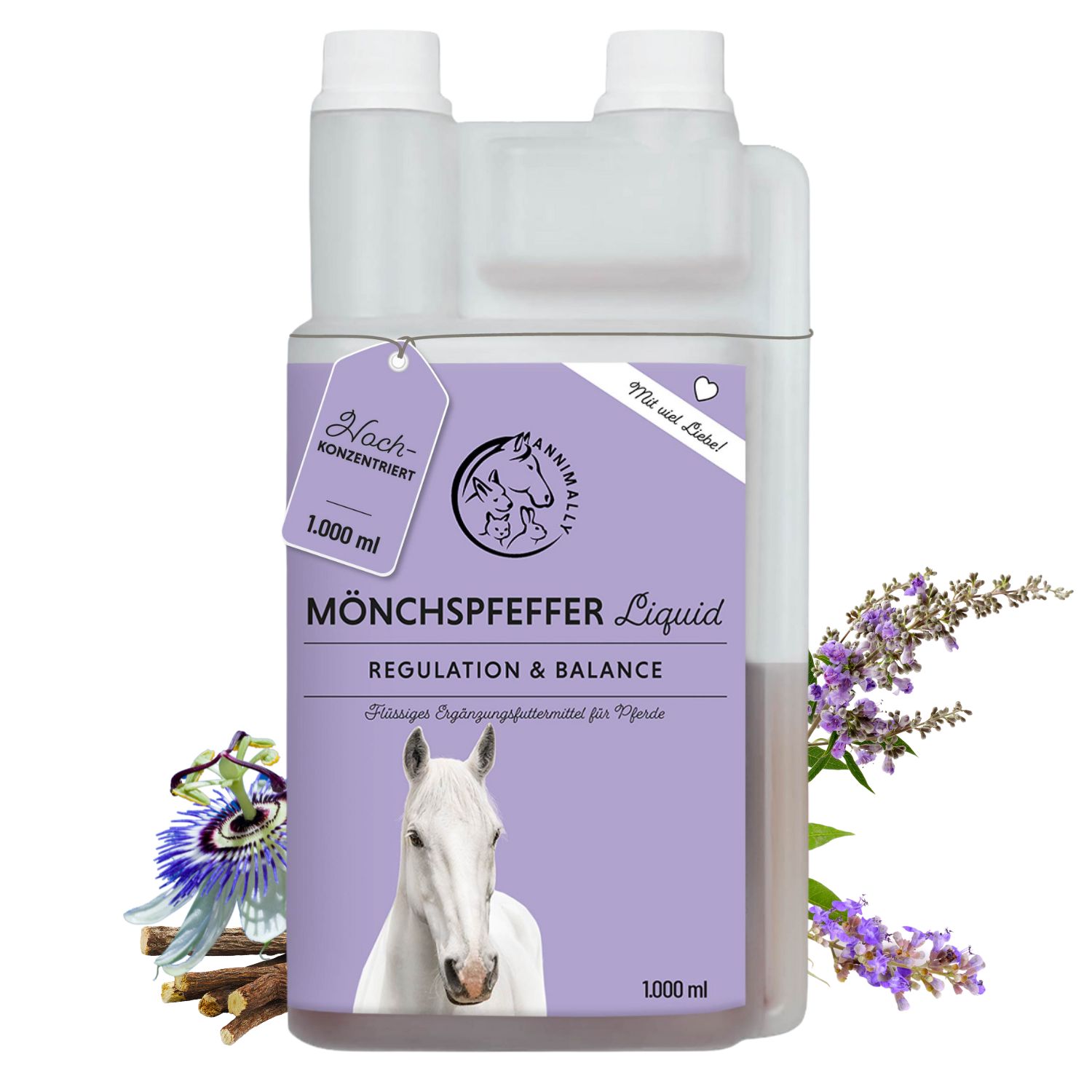 Flacon de liquide Annimally. Étiquette violette avec nom du produit, illustration de cheval et volume de 1000 ml.