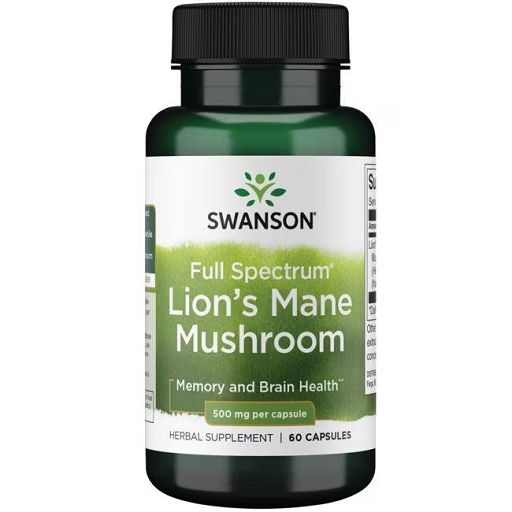 Flacon vert de gélules. Inscription: Swanson, Full Spectrum Lion's Mane Mushroom, 500 mg par capsule.