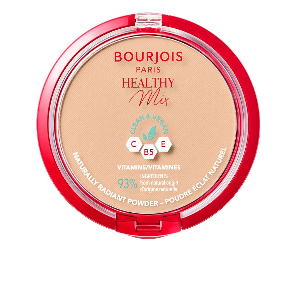 Boîtier rond rouge avec poudre beige clair. Inscription : Bourjois Healthy Mix, vitamines, 93% ingrédients d'origine naturelle.