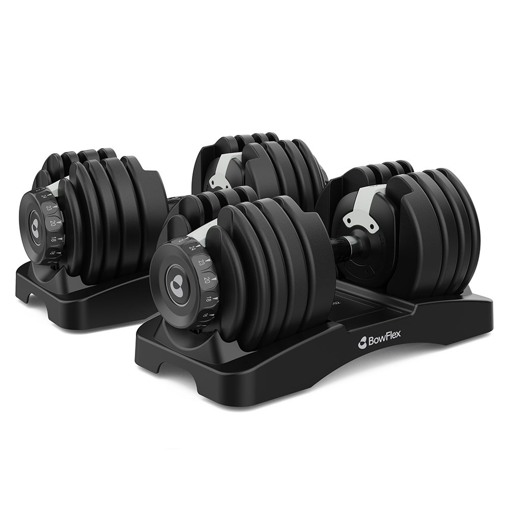 Deux haltères Bowflex SelectTech avec des poids noirs et des accents argentés.