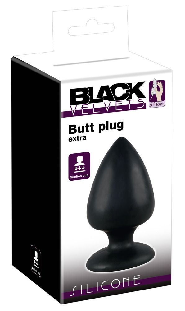 Verpakking voor een zwarte siliconen anale plug met zuignap.