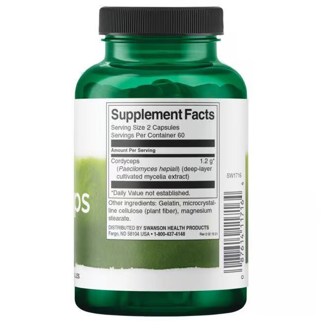 Flacon vert avec étiquette blanche. Inscription: Swanson Cordyceps. Contient 120 capsules. Avec logo et texte: Herbal Energy Formula.