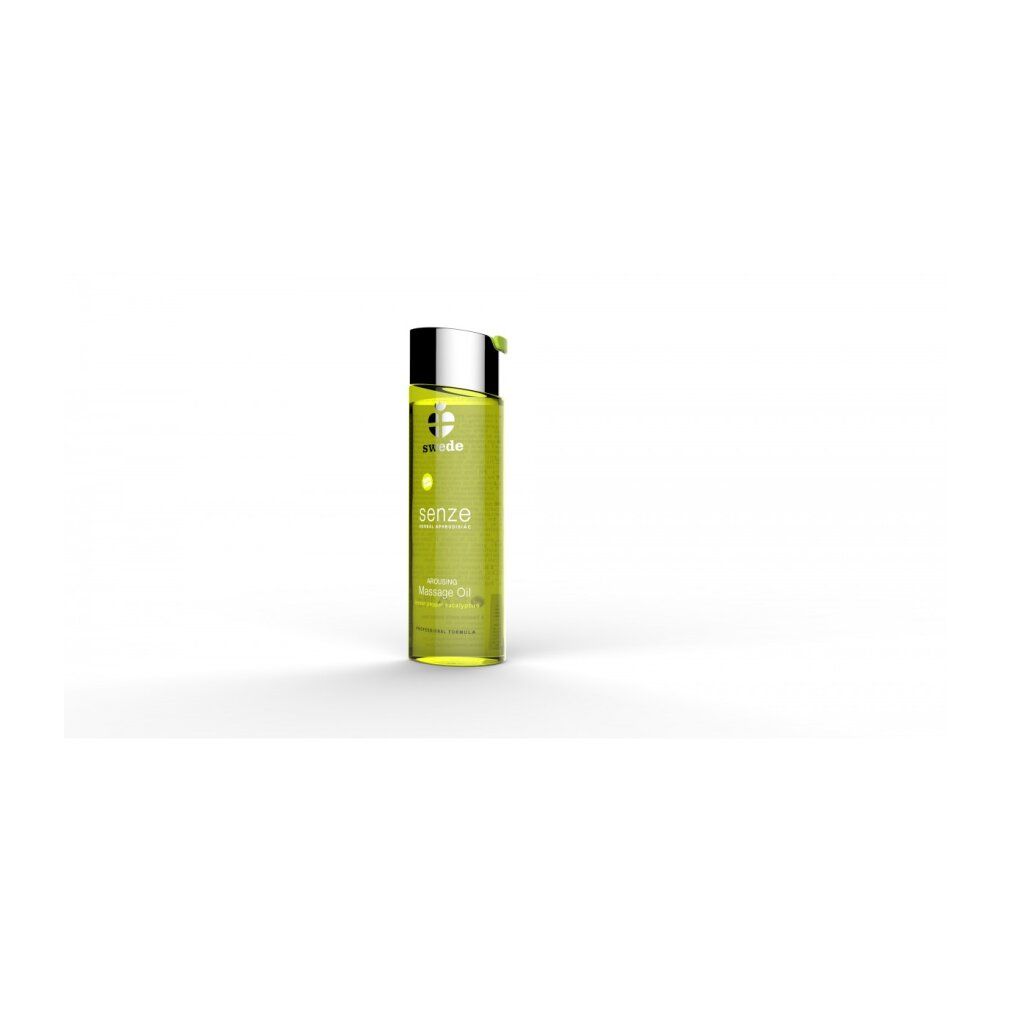 Bouteille d'huile de massage Swede Senze, vue de loin, avec bouchon argenté et distributeur vert.