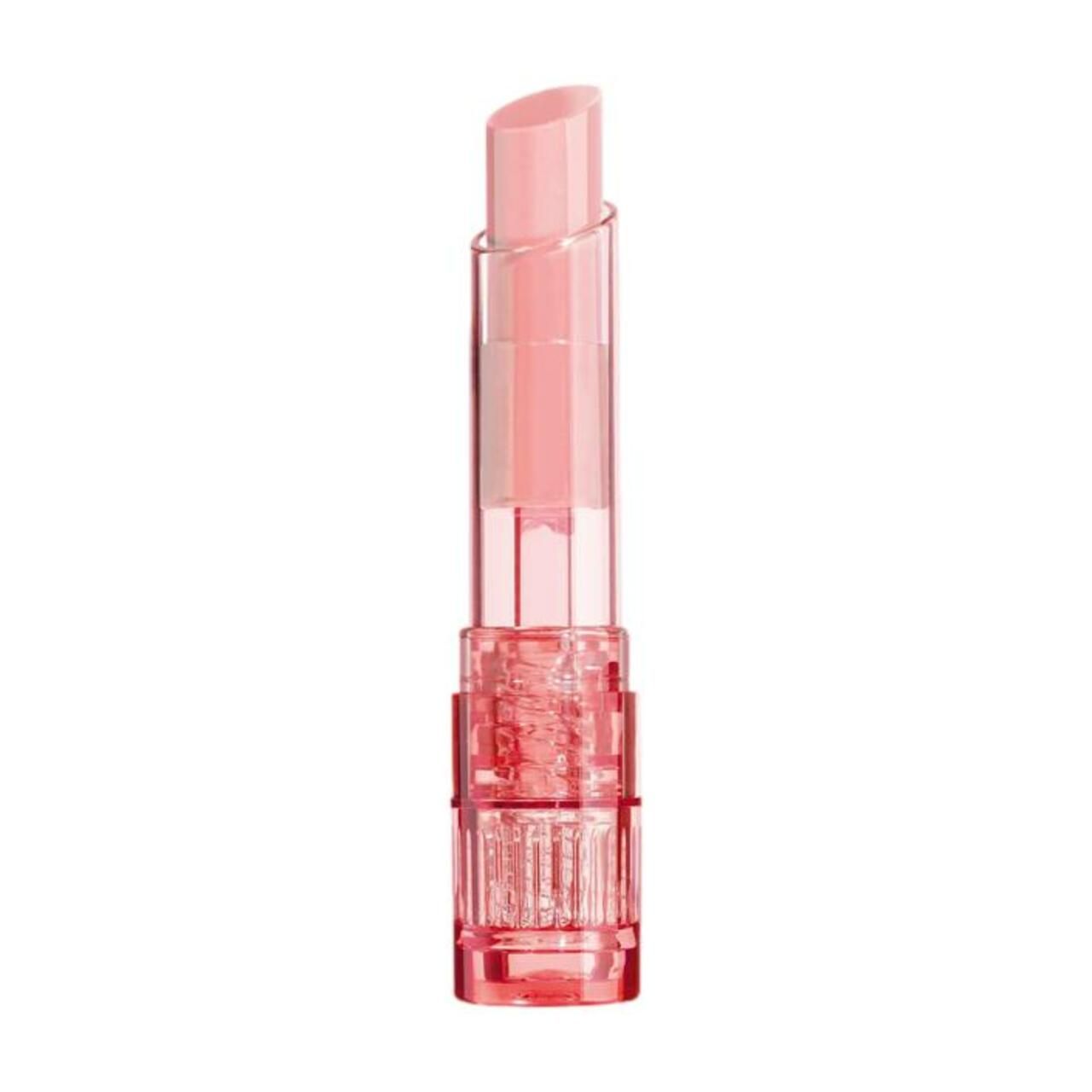 Baume à lèvres rose. Bâton transparent biseauté. Base avec structure cannelée.