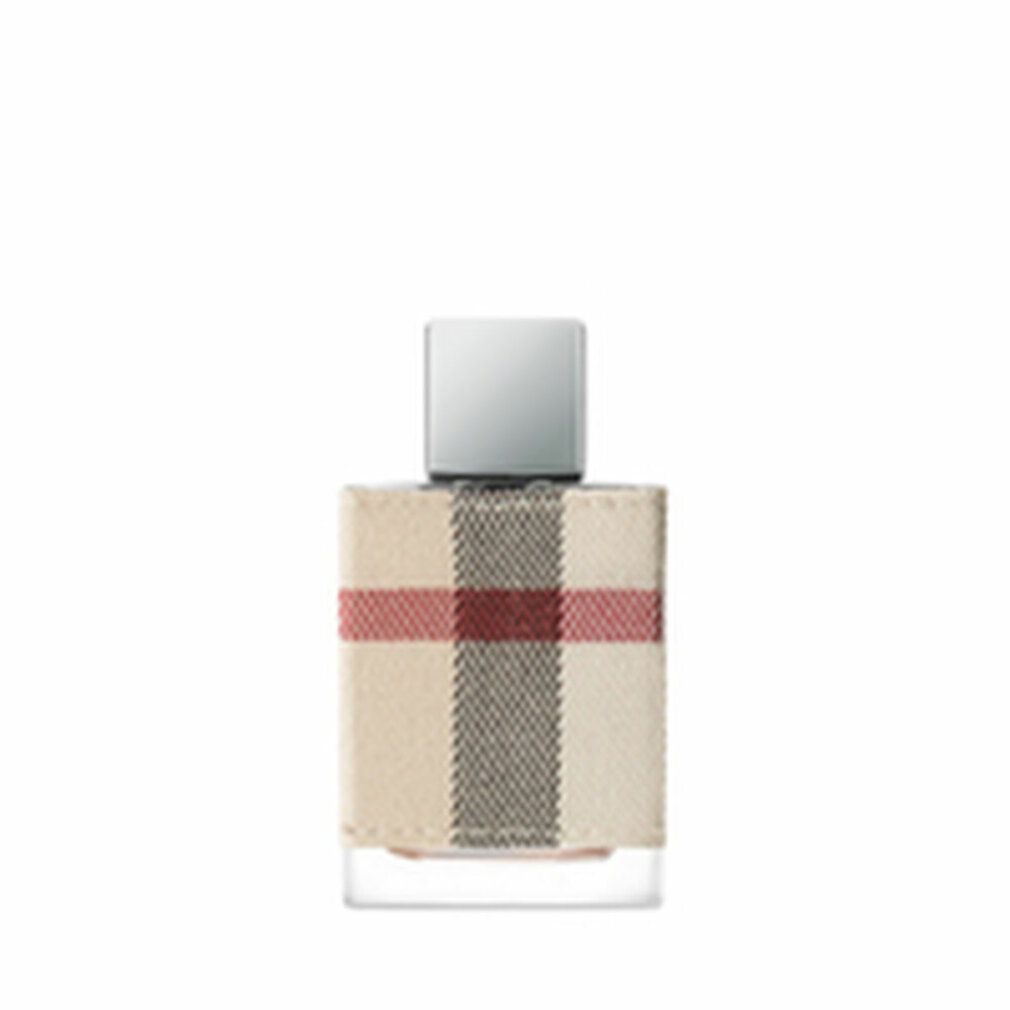 Flacon de parfum avec revêtement en tissu à carreaux. Bouchon argenté.