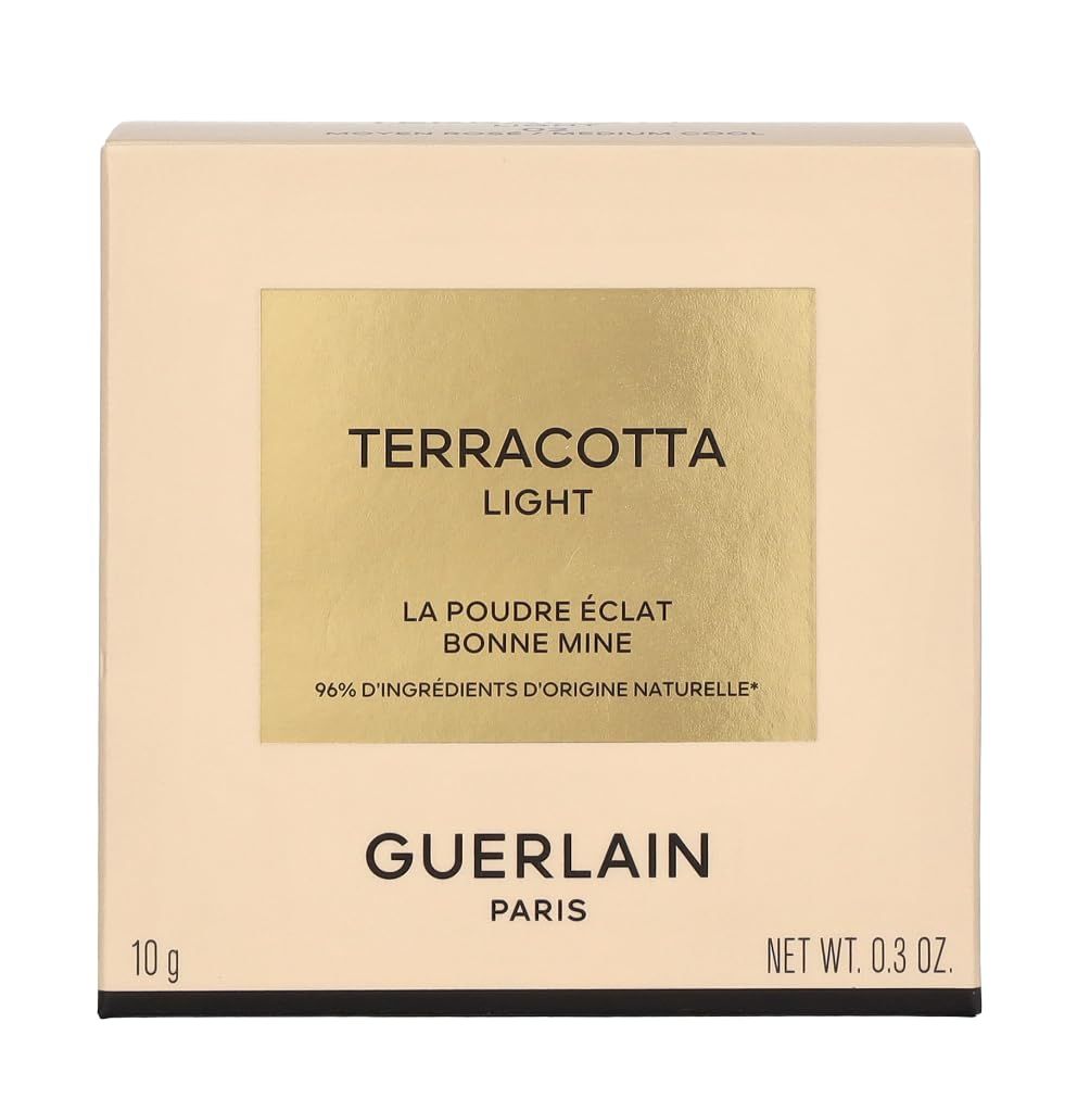 Emballage carré beige avec informations produit. Texte : Terracotta Light, Guerlain Paris, 10 g, Net Wt. 0.3 oz.