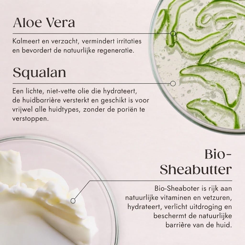 Aloë vera: Kalmeert, vermindert irritaties. Squalaan: Hydrateert, versterkt huidbarrière. Bio-sheaboter: Voedt.