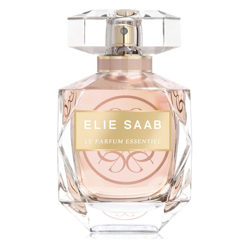 Parfumfles. Opschrift: Elie Saab, Le Parfum Essentiel. Transparante fles met kristallen dop en roze inhoud.