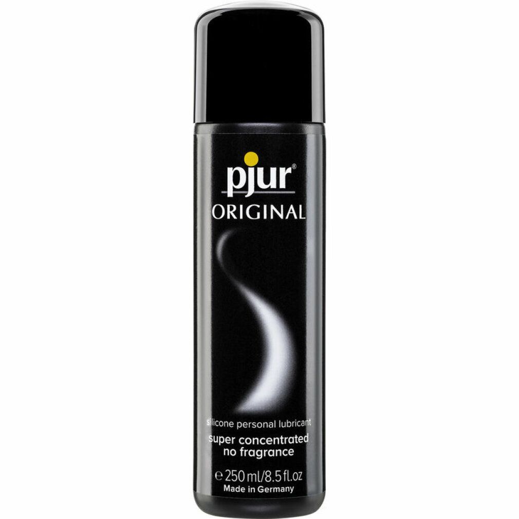 Flacon noir avec logo jaune "pjur ORIGINAL". Texte: SILICONE personal lubricant, super concentrated no fragrance, 250ml/8.5 fl.oz, Made in Germany.