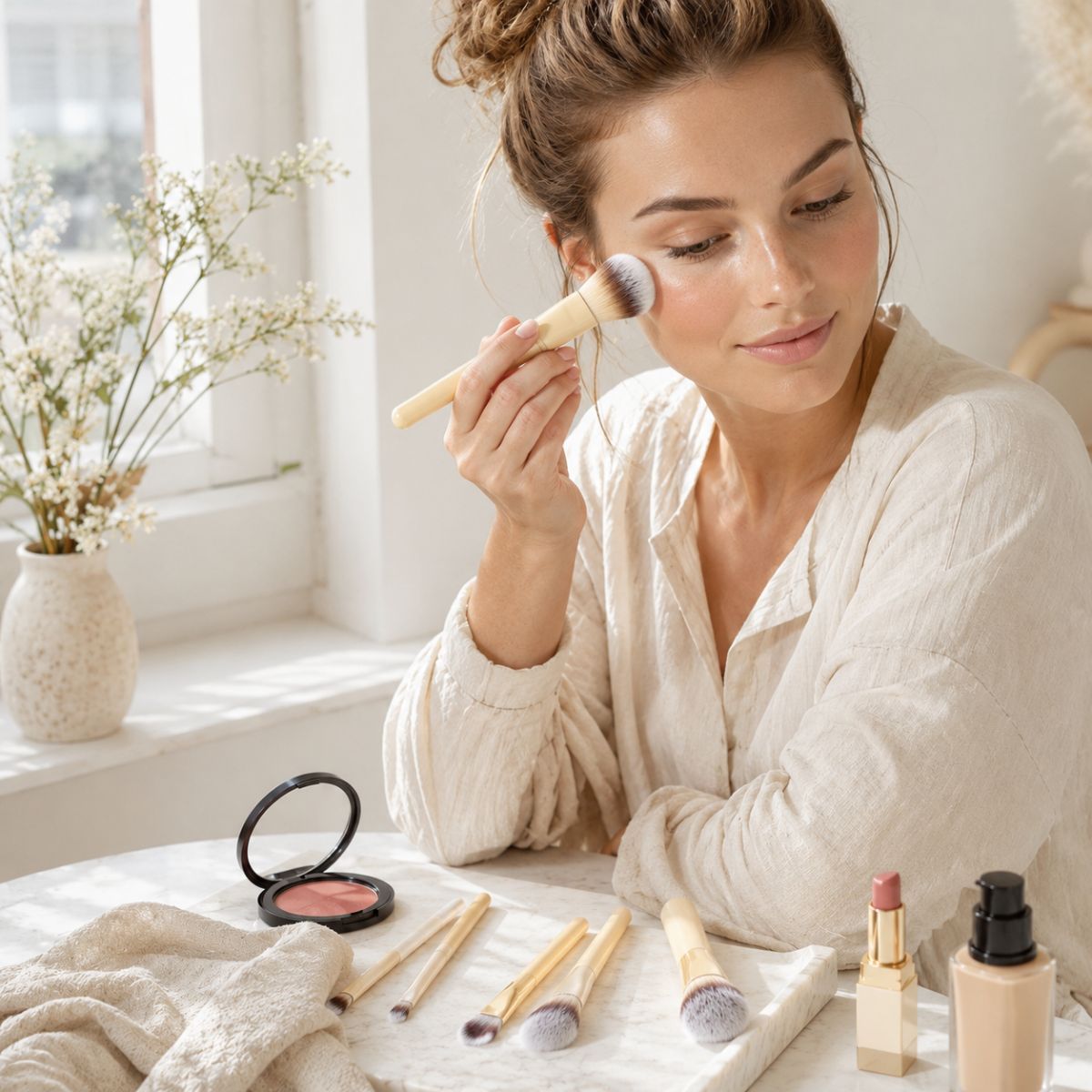 Een vrouw brengt make-up aan. Lippenstift en foundation staan op tafel.