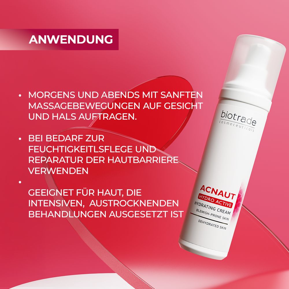 Witte fles met pomp. Tekst: Biotrade, Acnaut Hydro Active, Hydrating Cream. Roze achtergrond met tekst: Toepassing.